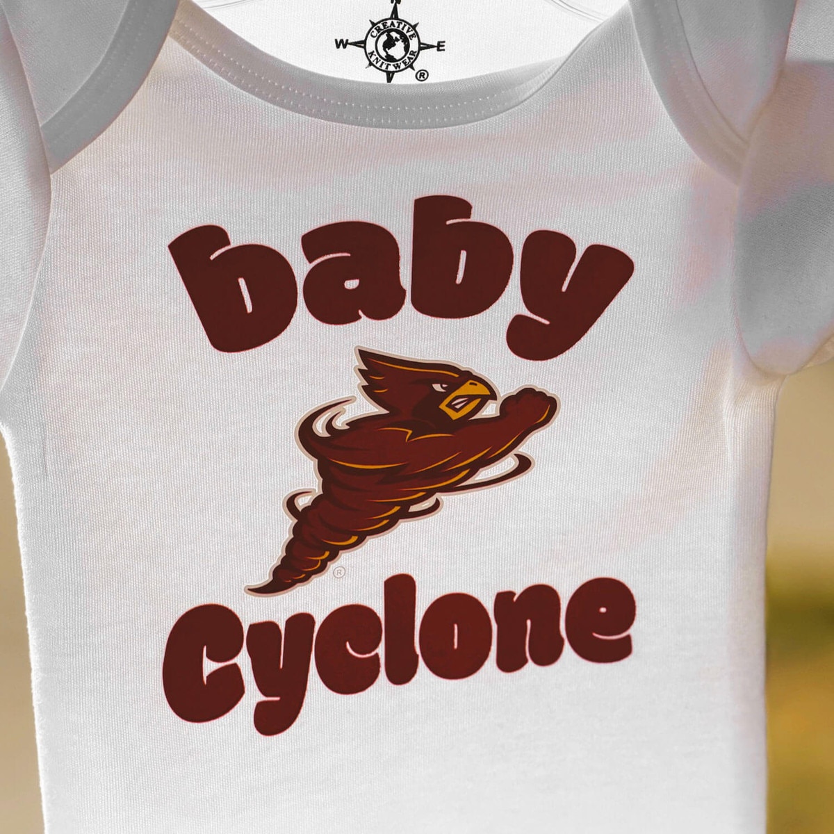 Creative Knitwear Infant Baby Cyclone White Bodysuit design close up
